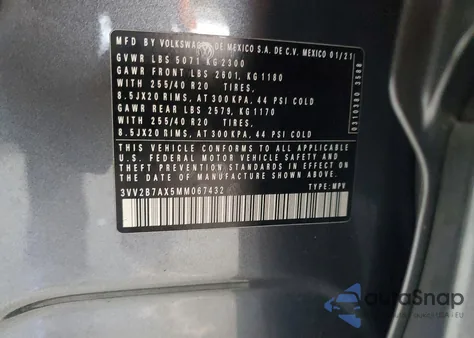 2021 Volkswagen Tiguan Se z USA, uszkodzony, nr VIN 3VV2B7AX5MM067432